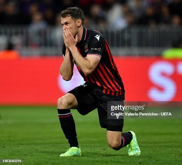Aaron Ramsey of OGC Nice reacts during the UEFA Europa Conference League Quarterfinal Second Leg match between OGC Nice and FC Basel at Allianz...