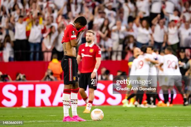 Marcus Rashford of Manchester United looks dejected during the UEFA Europa League quarterfinal second leg match between Sevilla FC and Manchester...