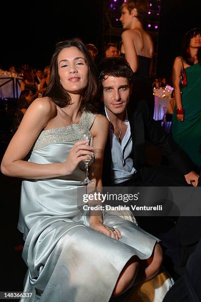 Gloria Bellicchi and Giampaolo Morelli attend the OCTO The New Architecture of Time by Bulgari dinner at the Stadio dei Marmi on July 13, 2012 in...