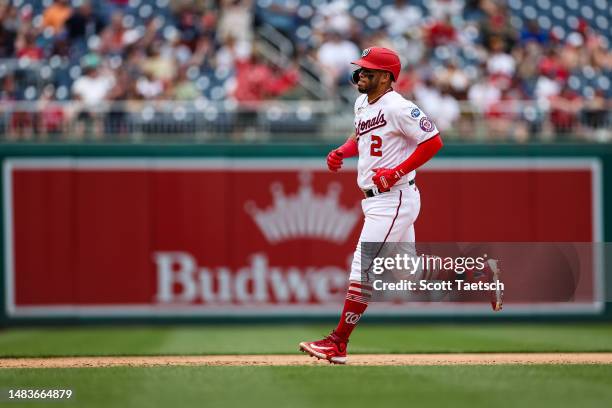 Luis Garcia of the Washington Nationals rounds the bases after hitting a two run home run against the Cleveland Guardians during the seventh inning...