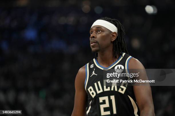 Jrue Holiday of the Milwaukee Bucks looks on against the Miami Heat during the first half of Game Two of the Eastern Conference First Round Playoffs...