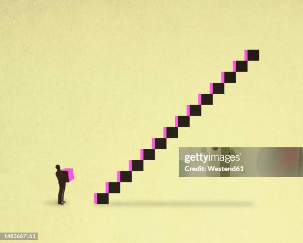 man standing at bottom of stairs with box in hands - steps and staircases stock illustrations