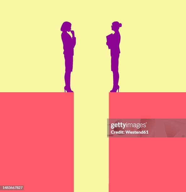 two businesswomen talking from edges of separate blocks - at the edge of stock illustrations