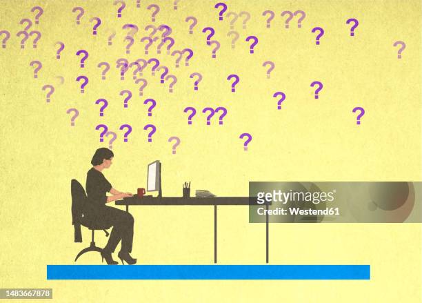 question marks floating over woman working at desk - confusion stock illustrations