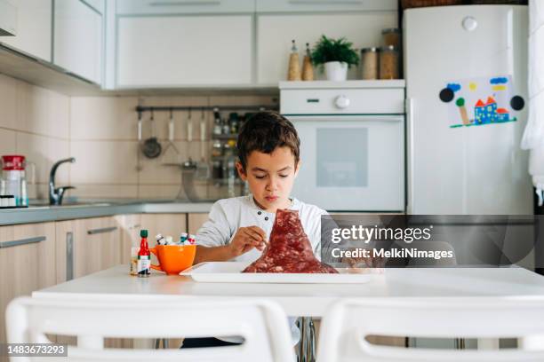 boy doing science home, making a volcano experimental model - geology student stock pictures, royalty-free photos & images