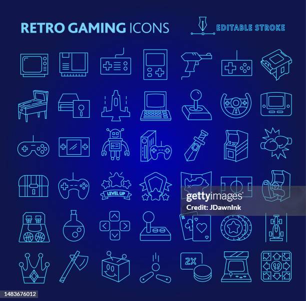 retro arcade gaming, consoles, arcade cabinet, weapons, joystick, pinball, controllers, treasures colorful thin line neon icon set - editable stroke - arcade cabinet stock illustrations