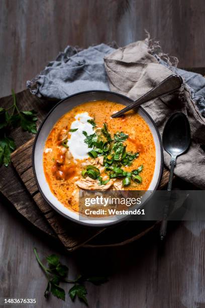 bowl ofready-to-eatchili with chicken meat - stew stock pictures, royalty-free photos & images