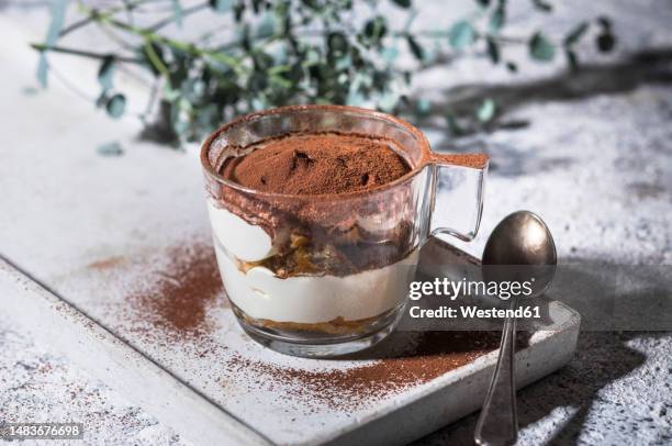 tiramisu in glass mug with spoon on tray - tiramisu stock pictures, royalty-free photos & images