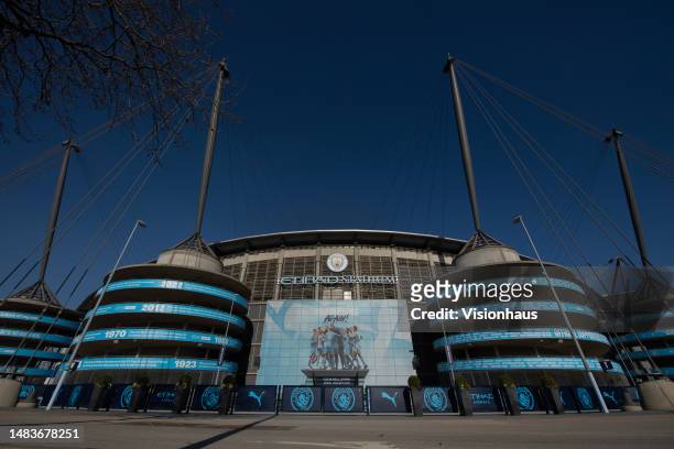 General view of the outside of the Etihad Stadium, home of Manchester City FC on April 20, 2023 in Manchester, United Kingdom.