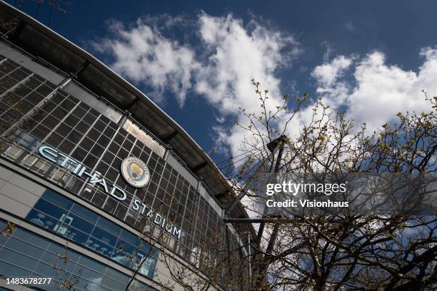 General view of the outside of the Etihad Stadium, home of Manchester City FC on April 20, 2023 in Manchester, United Kingdom.