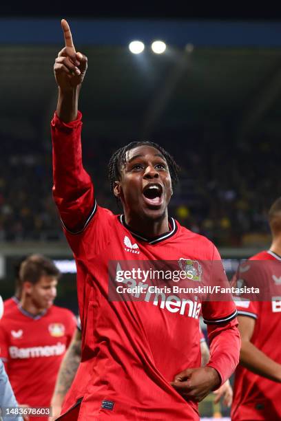 Jeremie Frimpong of Bayer 04 Leverkusen celebrates scoring his side's third goal during the UEFA Europa League quarterfinal second leg match between...