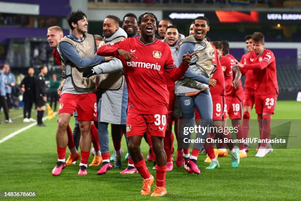 Jeremie Frimpong of Bayer 04 Leverkusen celebrates scoring his side's third goal during the UEFA Europa League quarterfinal second leg match between...