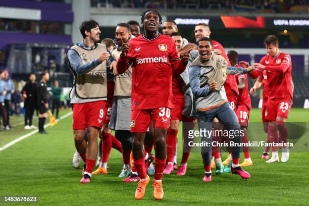 Jeremie Frimpong of Bayer 04 Leverkusen celebrates scoring his side's third goal during the UEFA Europa League quarterfinal second leg match between...
