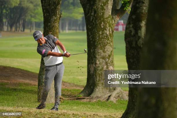 Hideto Tanihara of Japan plays his second shot on the 11th hole during day two of the ISPS Handa - Championship at PGM Ishioka GC on April 21, 2023...