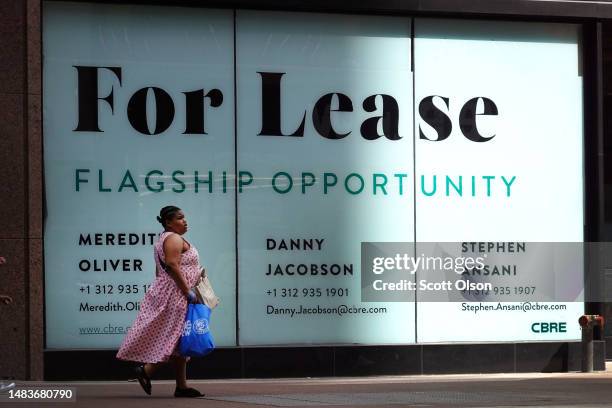 Sign advertises vacant retail space for lease in the Loop on April 20, 2023 in Chicago, Illinois. Chicago's downtown is littered with vacant retail...