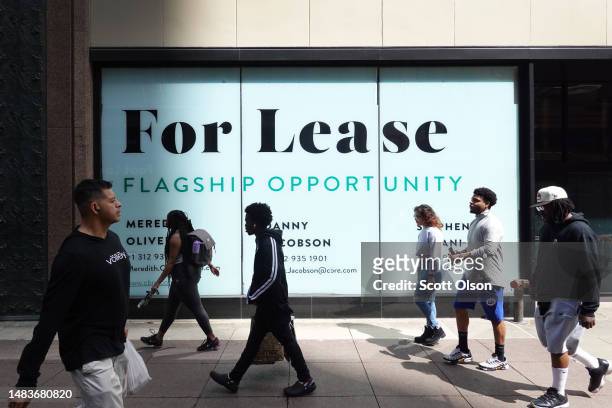 Sign advertises vacant retail space for lease in the Loop on April 20, 2023 in Chicago, Illinois. Chicago's downtown is littered with vacant retail...