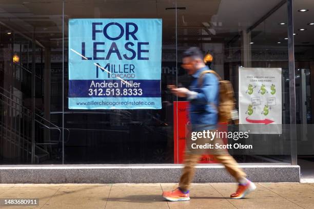 Sign advertises vacant retail space for lease in the Loop on April 20, 2023 in Chicago, Illinois. Chicago's downtown is littered with vacant retail...