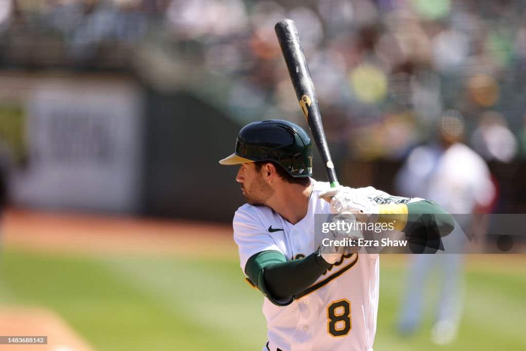 Tyler Wade of the Oakland Athletics bats against the Chicago Cubs at ...