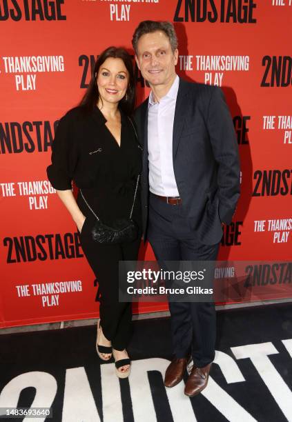Bellamy Young and Tony Goldwyn pose at the opening night of the Second Stage production of "The Thanksgiving Play" on Broadway at The Second Stage...