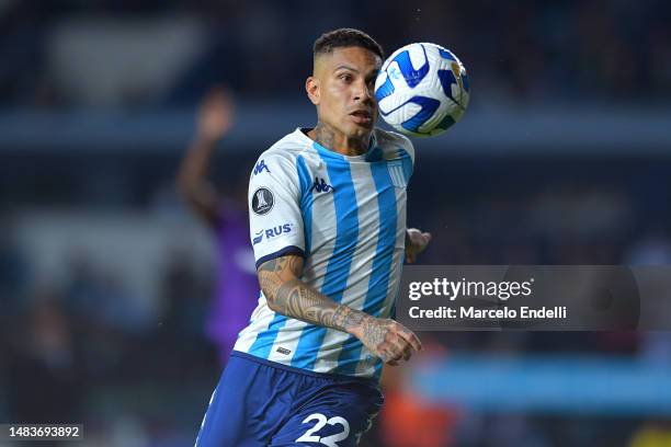 Paolo Guerrero of Racing Club controls the ball during a Copa CONMEBOL Libertadores 2023 group A match between Racing Club and Aucas at Presidente...