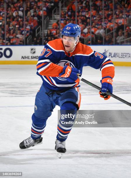 Warren Foegele of the Edmonton Oilers skates in Game Two of the First Round of the 2023 Stanley Cup Playoffs against the Los Angeles Kings at Rogers...