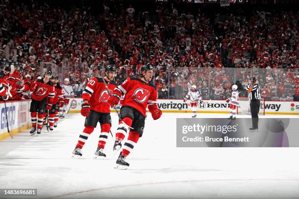 Erik Haula of the New Jersey Devils celebrates his first period goal against the New York Rangers during Game Two in the First Round of the 2023...