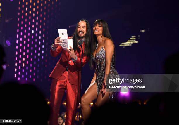 Steve Aoki and Zuleyka Rivera Mendoza speak onstage during the 2023 Latin American Music Awards at MGM Grand Garden Arena on April 20, 2023 in Las...