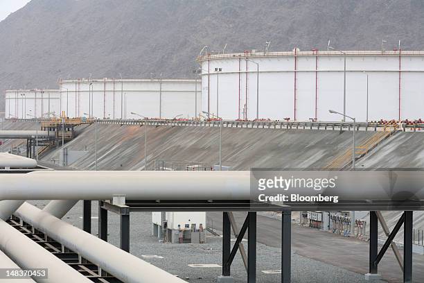 Oil transfer pipes and storage silos which form part of the Abu Dhabi Crude Oil Pipeline, known as Adcop, are seen on the day of pipeline's...