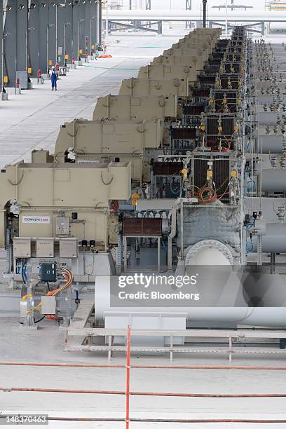 An employee passes machinery which controls the transfer of oil on the Abu Dhabi Crude Oil Pipeline, known as Adcop, on the day of pipeline's...