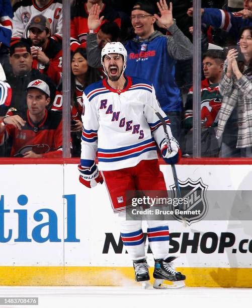 Chris Kreider of the New York Rangers celebrates his second powerplay goal of the second period against the hduring Game Two in the First Round of...