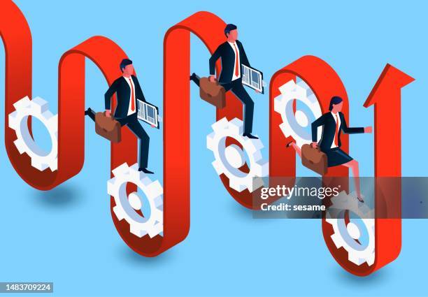 teamwork and development, improving productivity, optimizing management strategies, improving project processes, isometric business team members running in the gears between the ascending arrows - man running hard stock illustrations