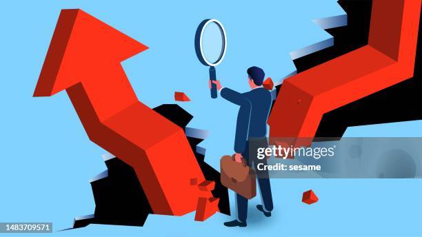 business trends, market and sales analysis, forecasting business opportunities, buying on price declines and anticipating price rebound, isometric traders holding a magnifying glass to observe the ups and downs of fluctuating - permanent representative stock illustrations