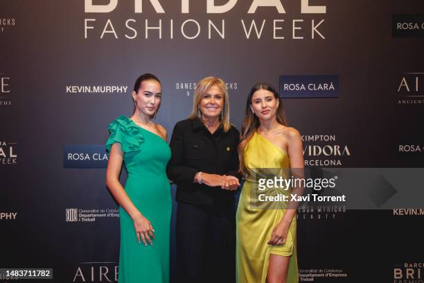 Sharon Fonseca, Rosa Clara and Paulina Goto attend the Rosa Clara show photocall during day 2 of Barcelona Bridal Week 2023 on April 20, 2023 in...