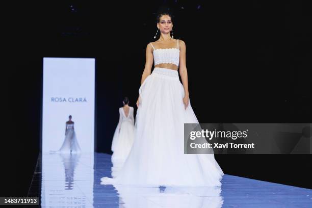 Model walks the runway at the Rosa Clara show on day 2 of Barcelona Bridal Fashion Week 2023 on April 20, 2023 in Barcelona, Spain.