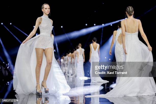 Models walk the runway at the Rosa Clara show on day 2 of Barcelona Bridal Fashion Week 2023 on April 20, 2023 in Barcelona, Spain.