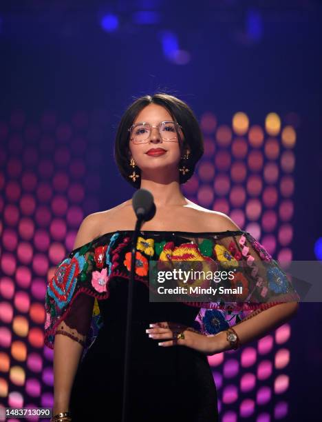 Ángela Aguilar speaks onstage during the 2023 Latin American Music Awards at MGM Grand Garden Arena on April 20, 2023 in Las Vegas, Nevada.