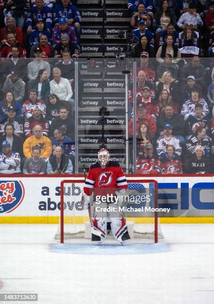 Vitek Vanecek of the New Jersey Devils stands at the goal during the first period in Game One of the First Round of the 2023 Stanley Cup Playoffs...