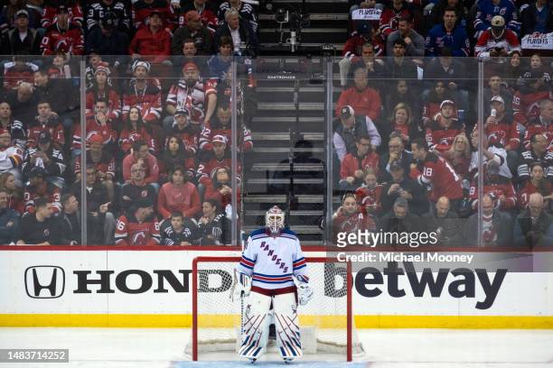 Igor Shesterkin of the New York Rangers stands at the goal during the first period in Game One of the First Round of the 2023 Stanley Cup Playoffs...