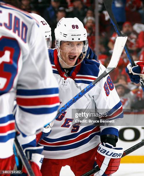 Patrick Kane of the New York Rangers celebrates his third period goal against the New Jersey Devils during Game Two in the First Round of the 2023...