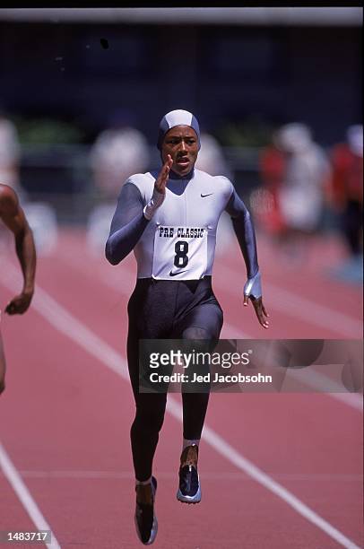 Marion Jones of the US, wearing the Nike bodysuit, runs to a victory in the Women's 100 meter Finals during the Prefontaine Classic at the Hayward...