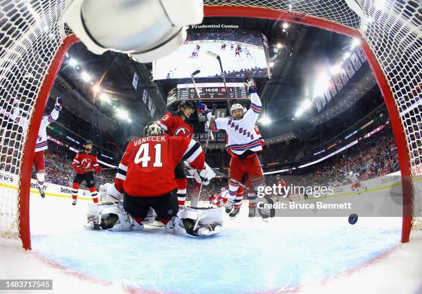 Vincent Trocheck of the New York Rangers celebrates a goal by Vladimir Tarasenko against Vitek Vanecek of the New Jersey Devils at 5:53 of the second...