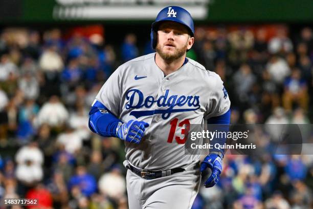 Max Muncy of the Los Angeles Dodgers hits a home run in the second inning against the Chicago Cubs at Wrigley Field on April 20, 2023 in Chicago,...