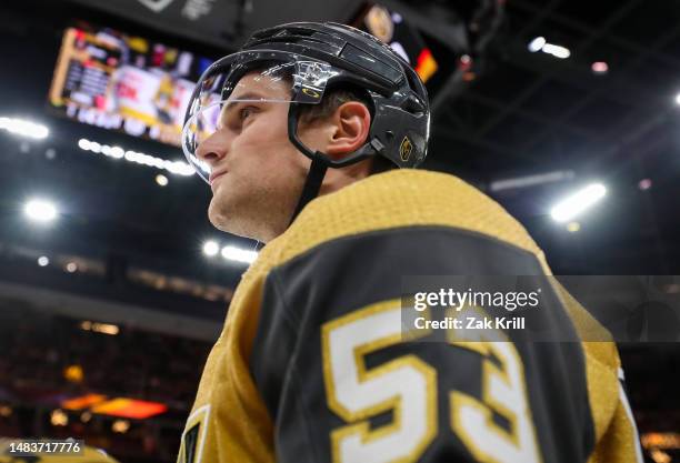 Teddy Blueger of the Vegas Golden Knights warms up prior to Game Two of the First Round of the 2023 Stanley Cup Playoffs against the Winnipeg Jets at...
