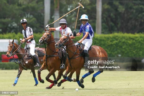 Adolfo Cambiaso of Valiente brings the ball up field against Pilot during the US Open Polo Championship Semifinal on April 19, 2023 at the National...