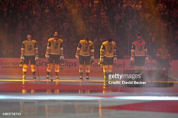 View of the Vegas Golden Knights starting line prior to Game Two of the First Round of the 2023 Stanley Cup Playoffs against the Winnipeg Jets at...