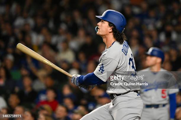 James Outman of the Los Angeles Dodgers hits a home run in the third inning against the Chicago Cubs at Wrigley Field on April 20, 2023 in Chicago,...