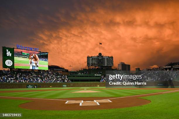 General view of Wrigley Field as Sa'Rayah sings the national anthem before the game between the Chicago Cubs and the Los Angeles Dodgers at Wrigley...