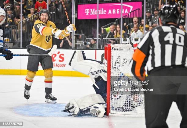 Mark Stone of the Vegas Golden Knights protests after a save by Connor Hellebuyck of the Winnipeg Jets during the first period in Game Two of the...