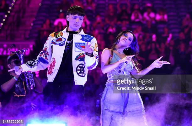 Peso Pluma and Becky G perform onstage during the 2023 Latin American Music Awards at MGM Grand Garden Arena on April 20, 2023 in Las Vegas, Nevada.