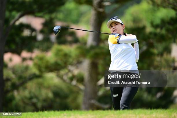 Sakura Yokomine of Japan hits her tee shot on the 5th hole during the first round of 41st Fujisankei Ladies Classic at Kawana Hotel Golf Course Fuji...